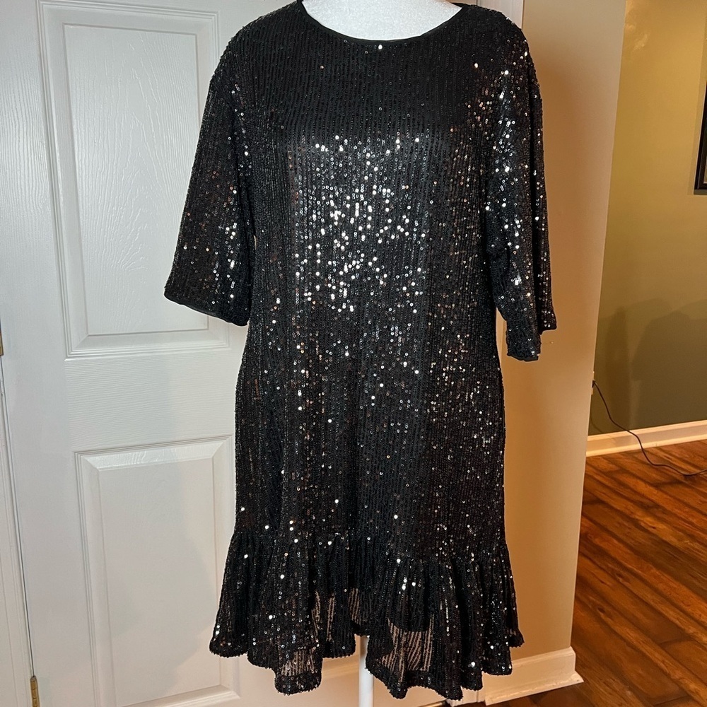 By Together Womens Size M Black Sequins Short Sleeve Mini Dress Holiday